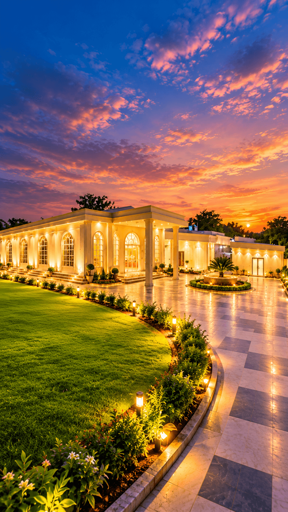 The Royal Dot luxury villa and venue at sunset
